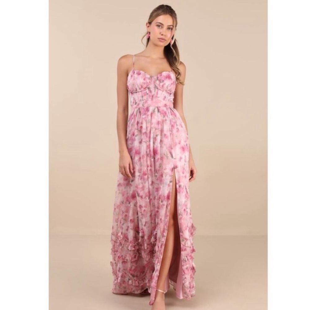 Lulu's Pink Floral Maxi Dress with Spaghetti Straps